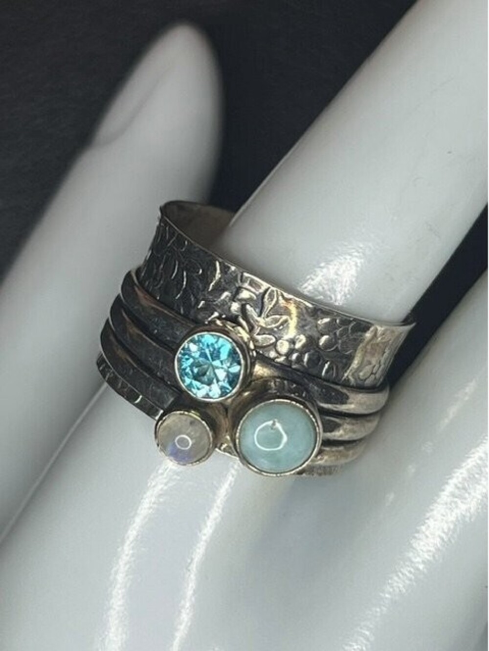 B7282 Sterling Silver Spinner Ring Blue Topaz Moonstone Larimar 9.5g sz 10.5